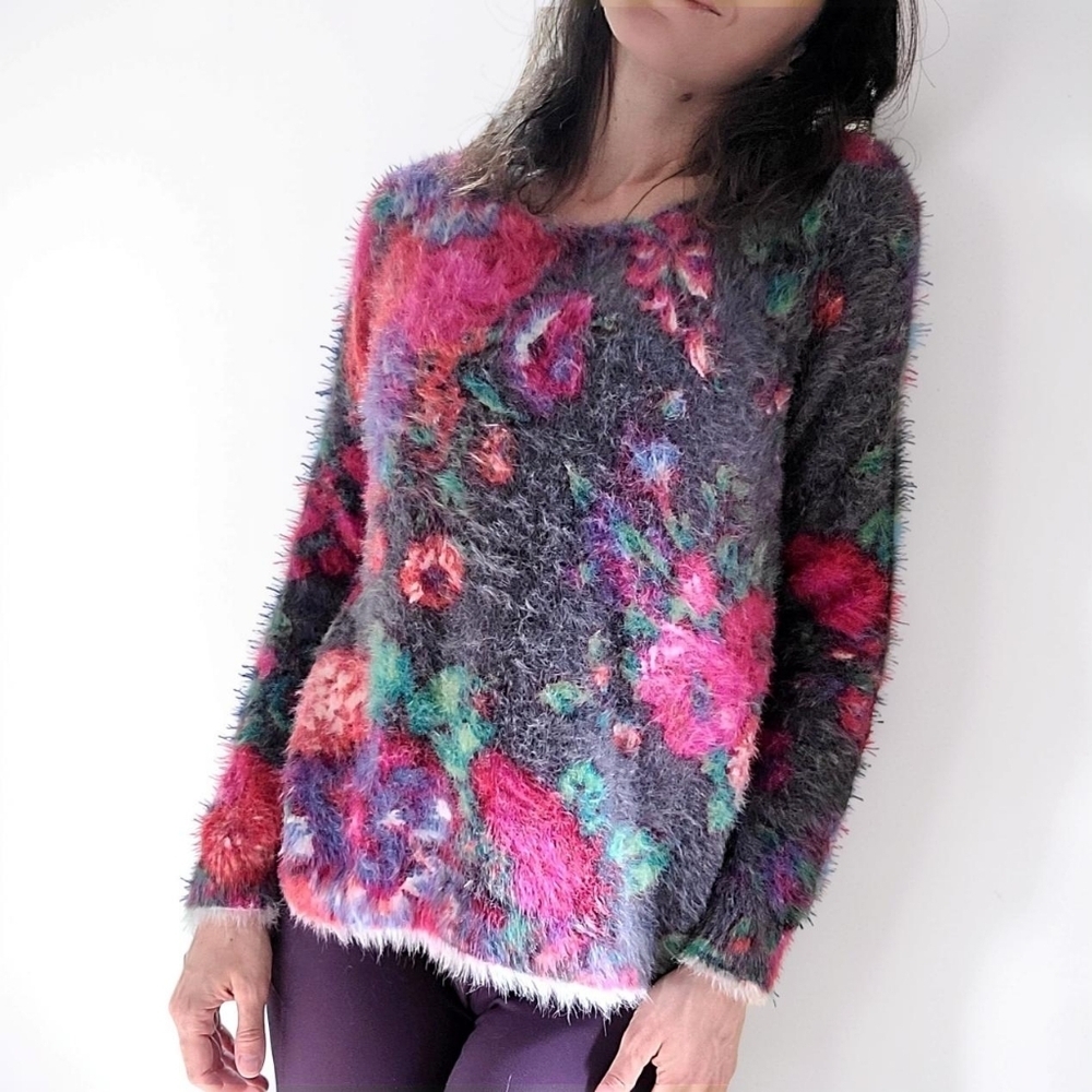 Meadow Rue Colorful Fuzzy Floral Sweater
